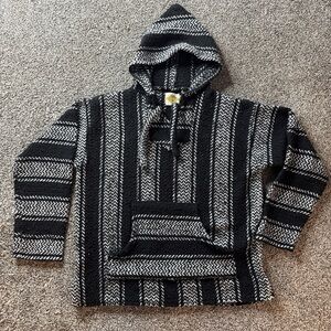 Earth Ragz Woven Hoodie Baja Blanket Style Black Gray Striped Boho Small (S)